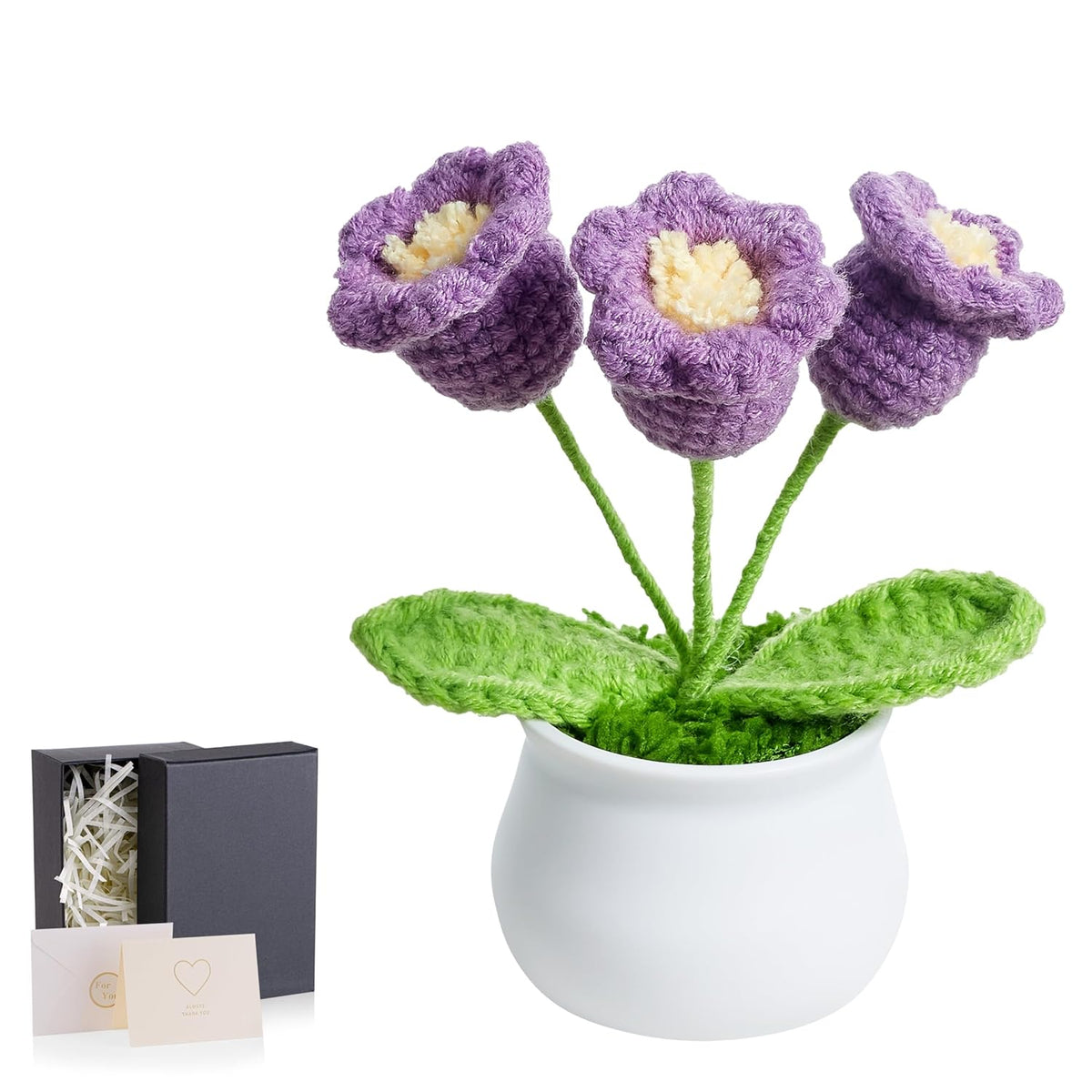 Crochet Flowers Potted Purple Small Handmade Knitted Flower Lilly Of The Valley For Desk Accessories, Graduation Appreciation Birthday Gifts For Women