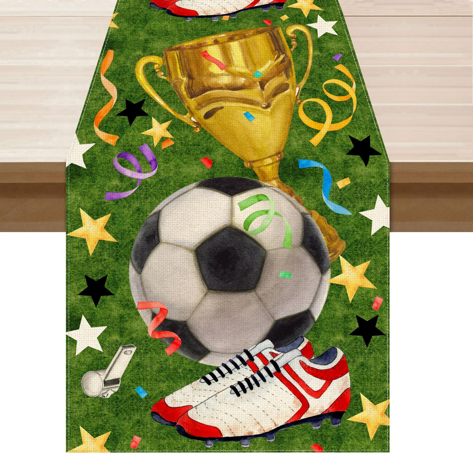 Soccer Theme Grass Trophy Sneakers Table Runner Game Day Table Decoration for Soccer Party Home Kitchen Dining Holiday Decor 13x72 Inch
