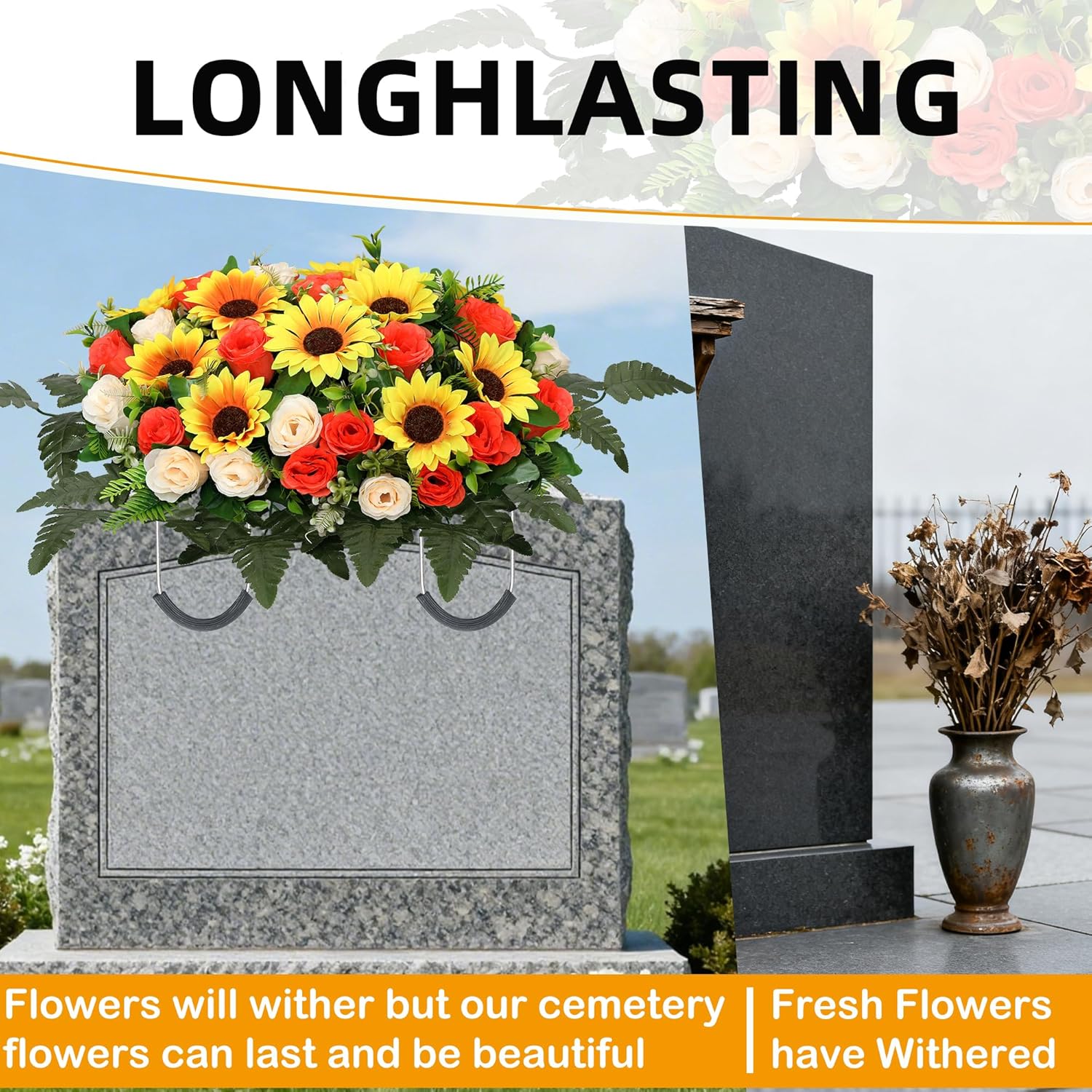 Artificial Cemetery Flowers Saddle-Shaped Tombstone Decorations,Large Headstone Flower Saddle,Rose Sunflower Memorial Flowers (Yellow Beige)