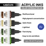 Acrylic Inks For Artists - Acrylic Ink Set, Color Combination #9-4 Pcs. 1 Fl Oz (30 Ml) Each