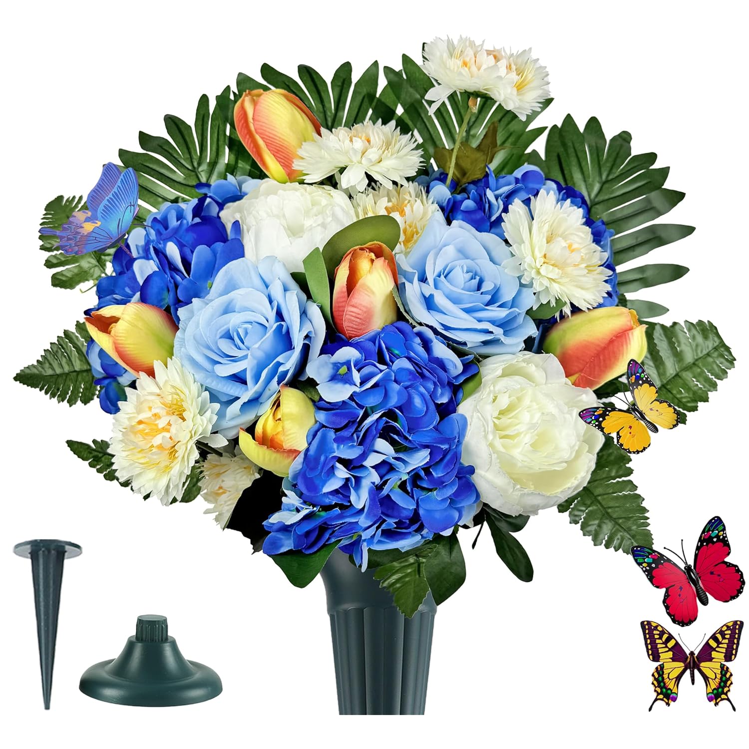 Artificial Cemetery Flowers For Grave,Memorial Flowers Bouquet With Vase For Headstones Decoration,Blue Rose Tulip Hydrangea