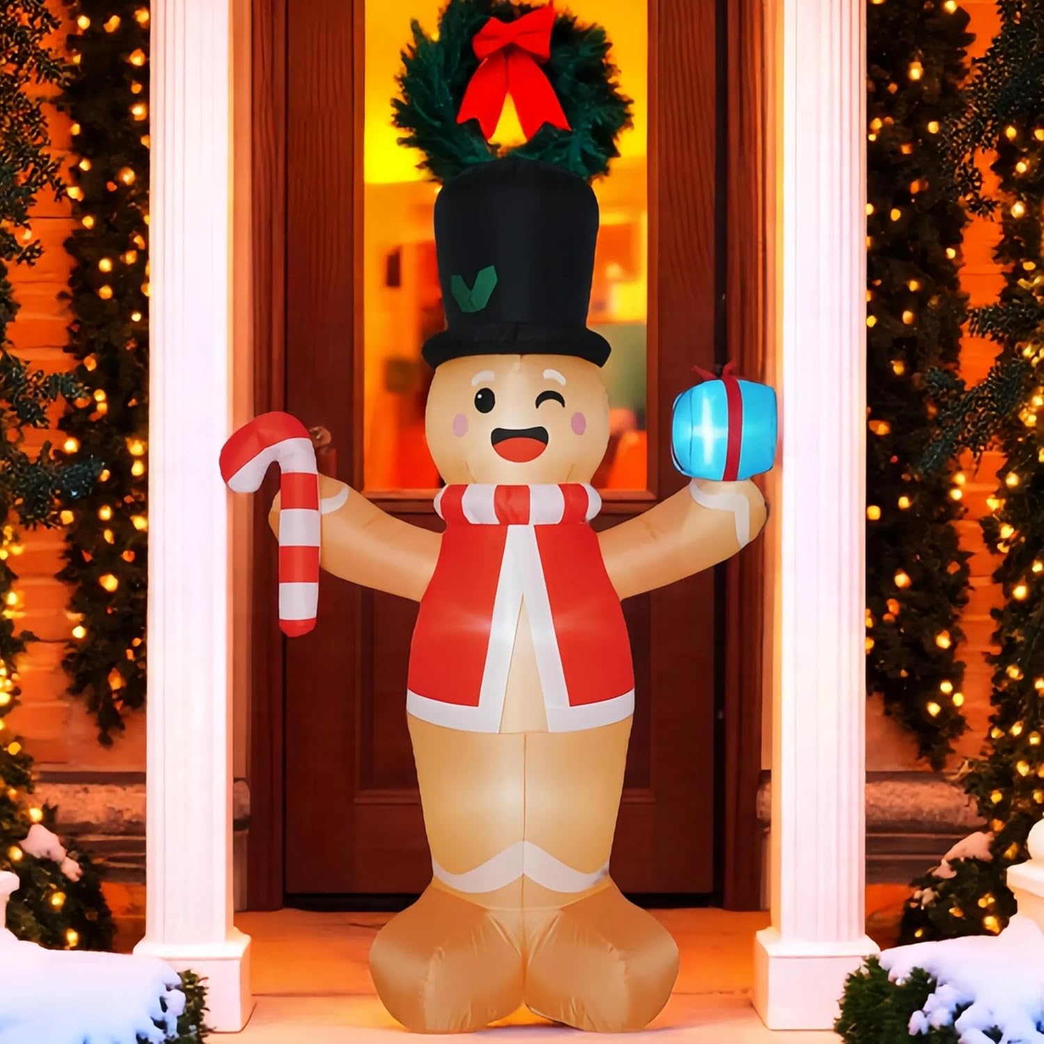 Christmas Inflatables Gingerbread Man With Gift Boxes 8 Ft, Led Inflatable Decoration For Outdoor Indoor Holiday Yard