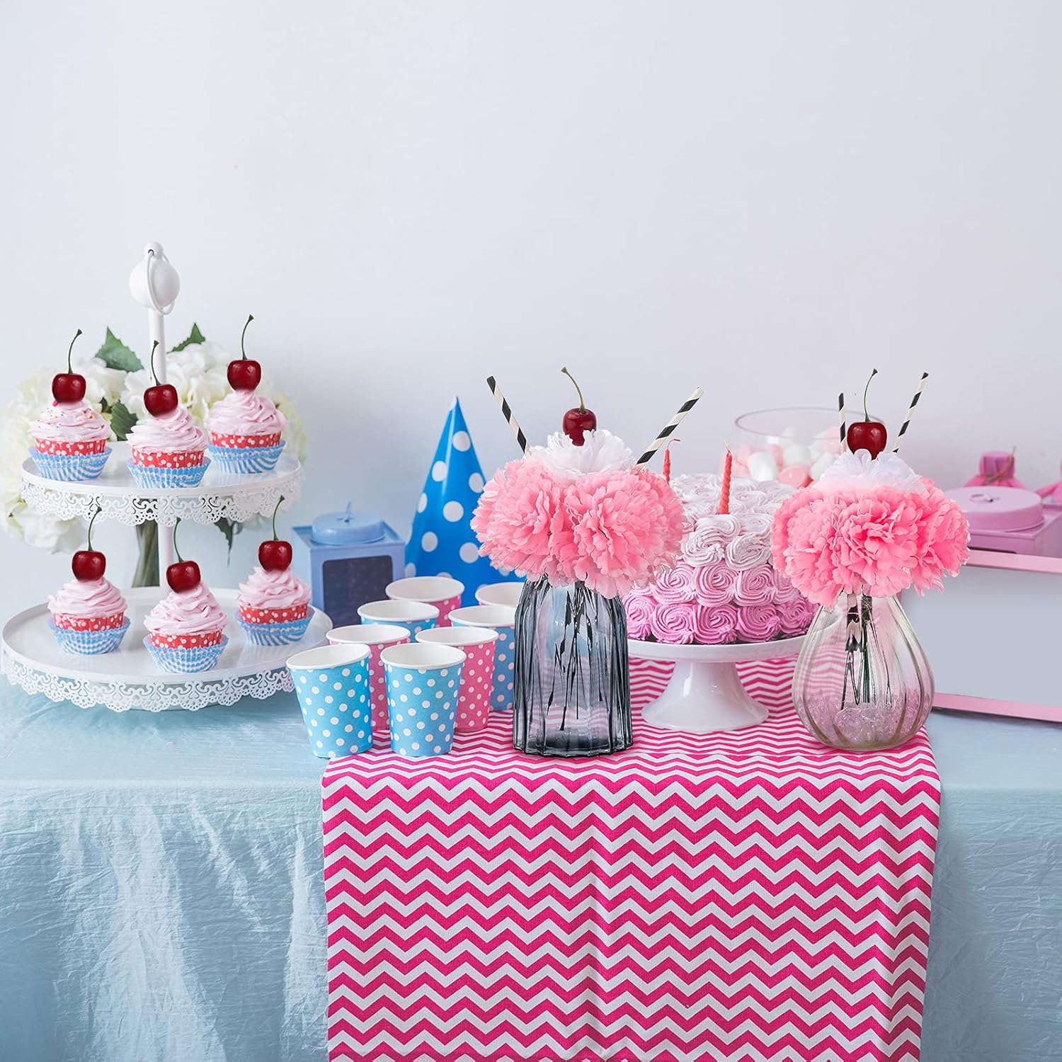 6 Sets Pink Carnations Artificial Flowers, 50'S Theme Party Decorations Include White Pink Carnation Lifelike Cherries And Paper Straws For Sock Hop Rock And Roll Grease Party Decorations