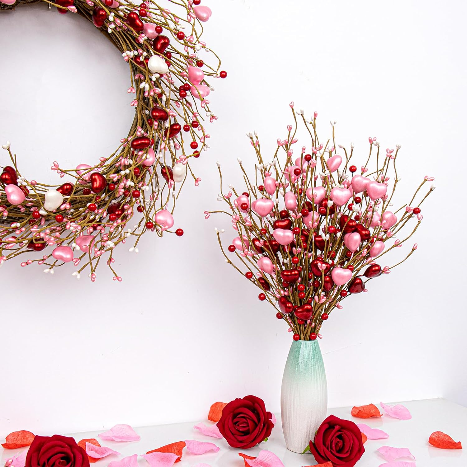 Valentines Day Gifts 24 Pack Valentine'S Day Decorations Pearlescent Valentines Picks With Red And Pink Heart Shaped Berry For For Anniversary Wedding Candlelight Dinner