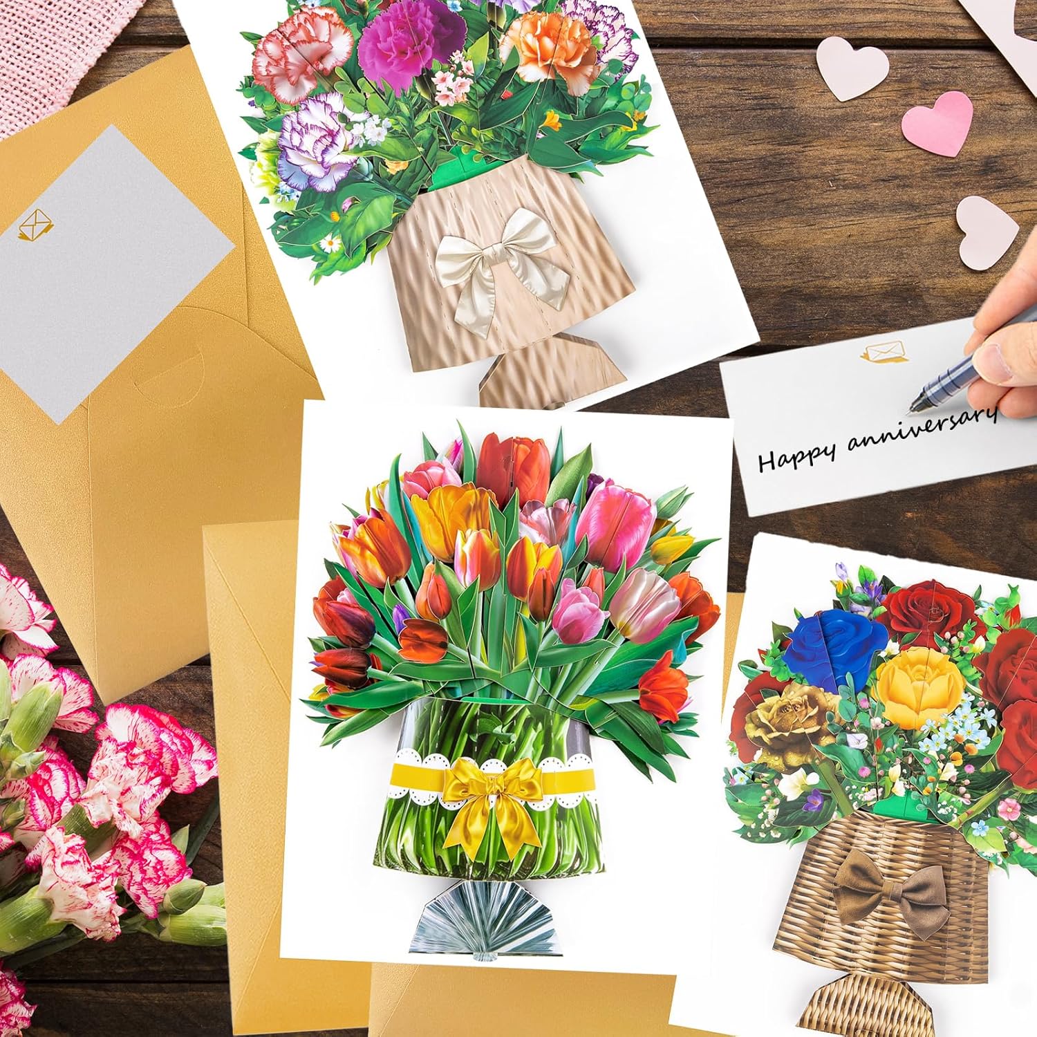 Mothers Day Card For Women Mom Wife Daughter - Paper Pop Up Flower Card, 3Pack Rose, Carnation & Tulip Flower Bouquet 3D Popup Set With Note & Envelope