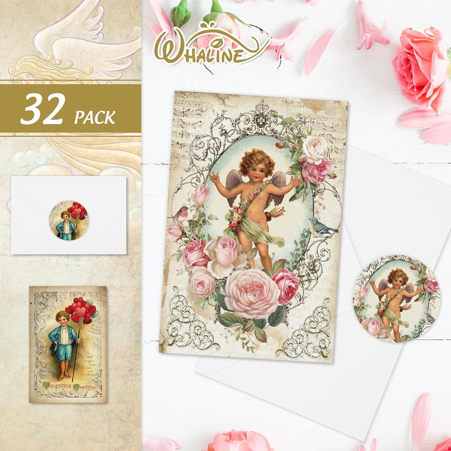 32 Pack Vintage Valentine'S Day Greeting Cards Bulk Retro Note Cards With Envelopes Stickers Boys Girls Pattern Blank Cards For Wedding Birthday Baby Shower