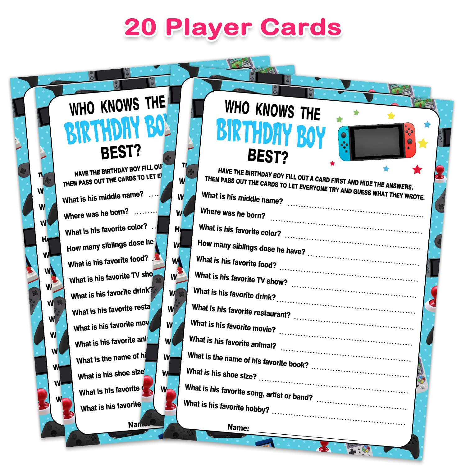 20 Who Knows The Birthday Boy Best Game Cards - Boy Birthday Party Activity Game Console Themed Party Activity And Idea - For Boy Birthday Supplies, Activity, Decorations