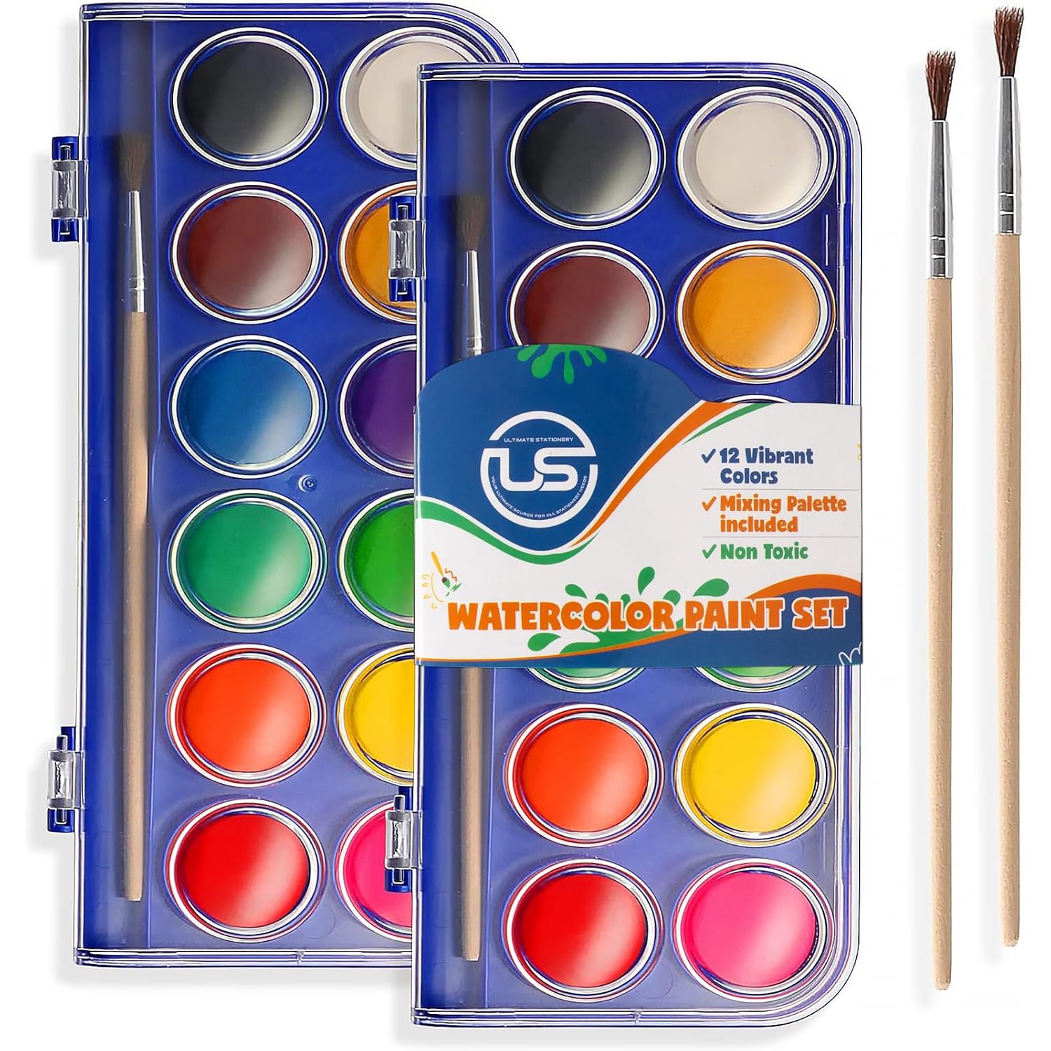 2 Pack Watercolor Paint Set 12 Vivid Colors Includes Watercolour Mixing Palette And 2 Brushes, Perfect For Artists, Beginner Painters, Kids And Adult Painting