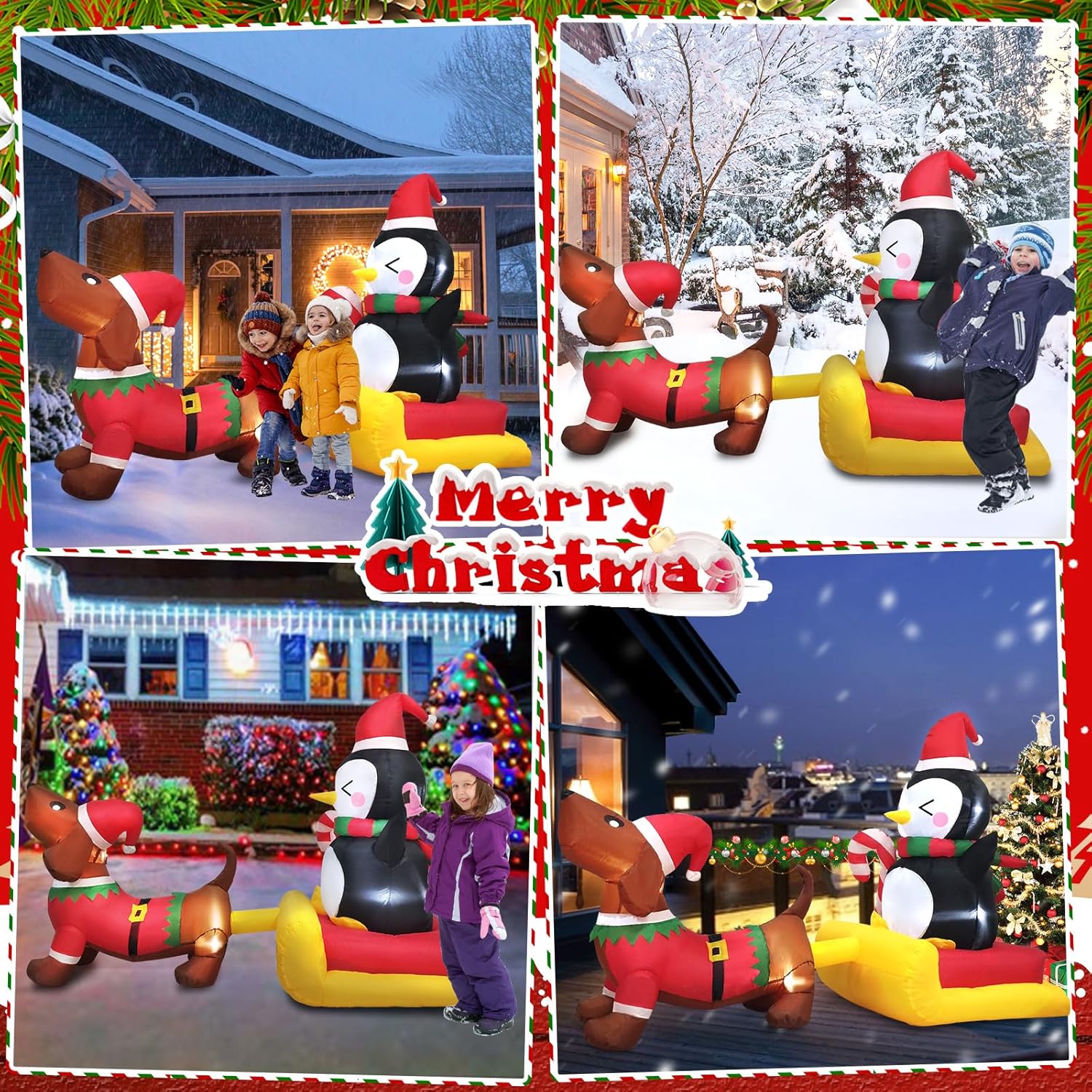 6 Ft Long Christmas Inflatable Dog Sled With Penguin Outdoor Decorations- Blow Up Penguin On Dog Sleigh Yard Decorations