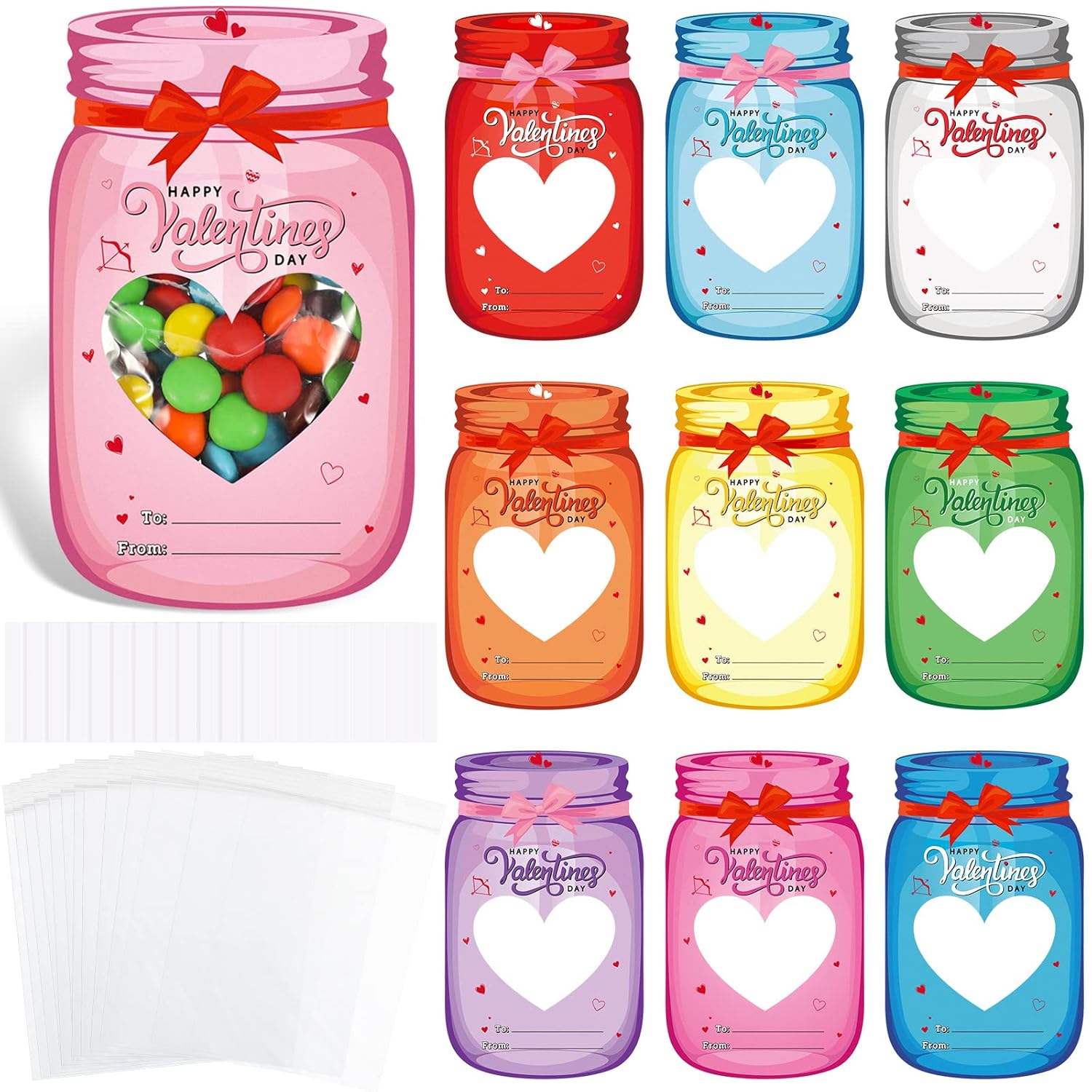 60 Set Valentine'S Day Cards Bulk Valentines Mason Jars Cards For School Classroom Party Favors Candy Holder Exchange Gifts Supplies(Hollow Heart)
