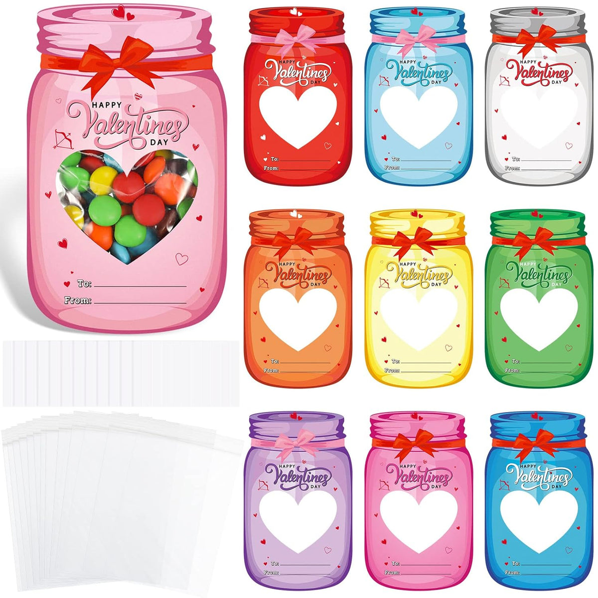 60 Set Valentine'S Day Cards Bulk Valentines Mason Jars Cards For School Classroom Party Favors Candy Holder Exchange Gifts Supplies(Hollow Heart)