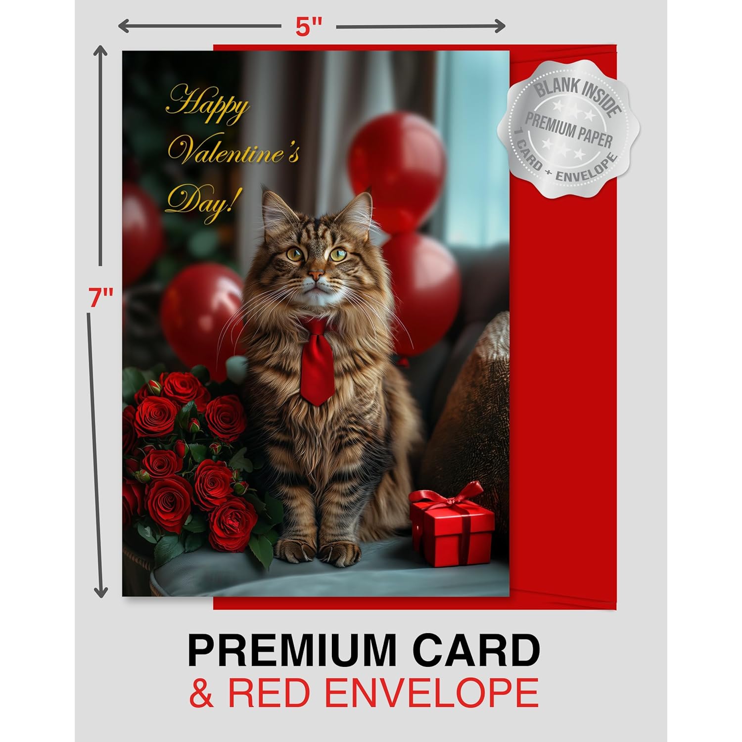 Maine Coon Cat Valentines Day Greeting Card – Premium 5X7 Inch Blank Card For Personalized Messages – Elegant Cat Design With Red Roses, Balloons, And Gift Box – Includes Red Envelope
