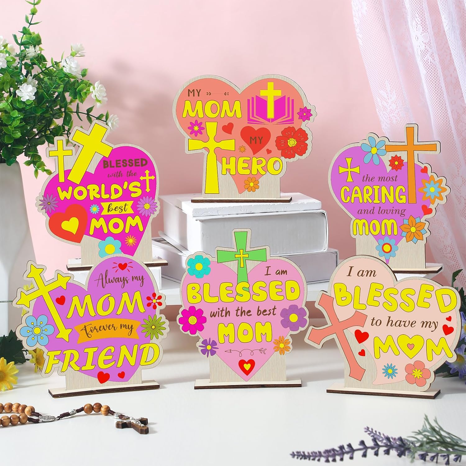 24 Sets Mother'S Day Crafts Bulk Diy Coloring Mother'S Day Table Wood Signs Religious Blessed Mom Gifts Home Party Dinner Table Decoration