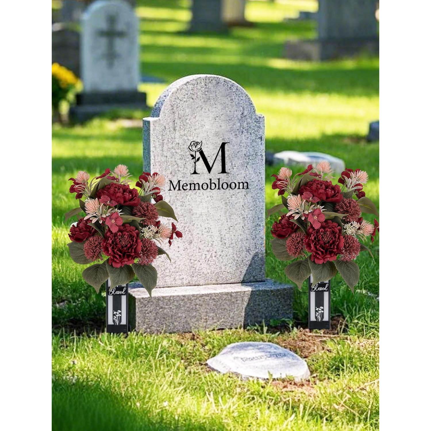 Red Cemetery Flowers For Grave: 2 Pcs Peony Grave Flower Bouquets For Cemetery Decorations - Spring Outdoor Gravesite Flowers With Vase
