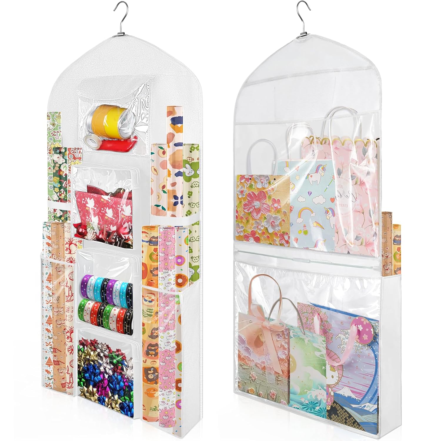 Hanging Gift Wrapping Paper Storage, 48X24 (Extra Large) White Double-Sided Christmas Wrapper Bag Container, Oxford Long Craft Roll Organizer, Present Wrap Holder For Closet, Door
