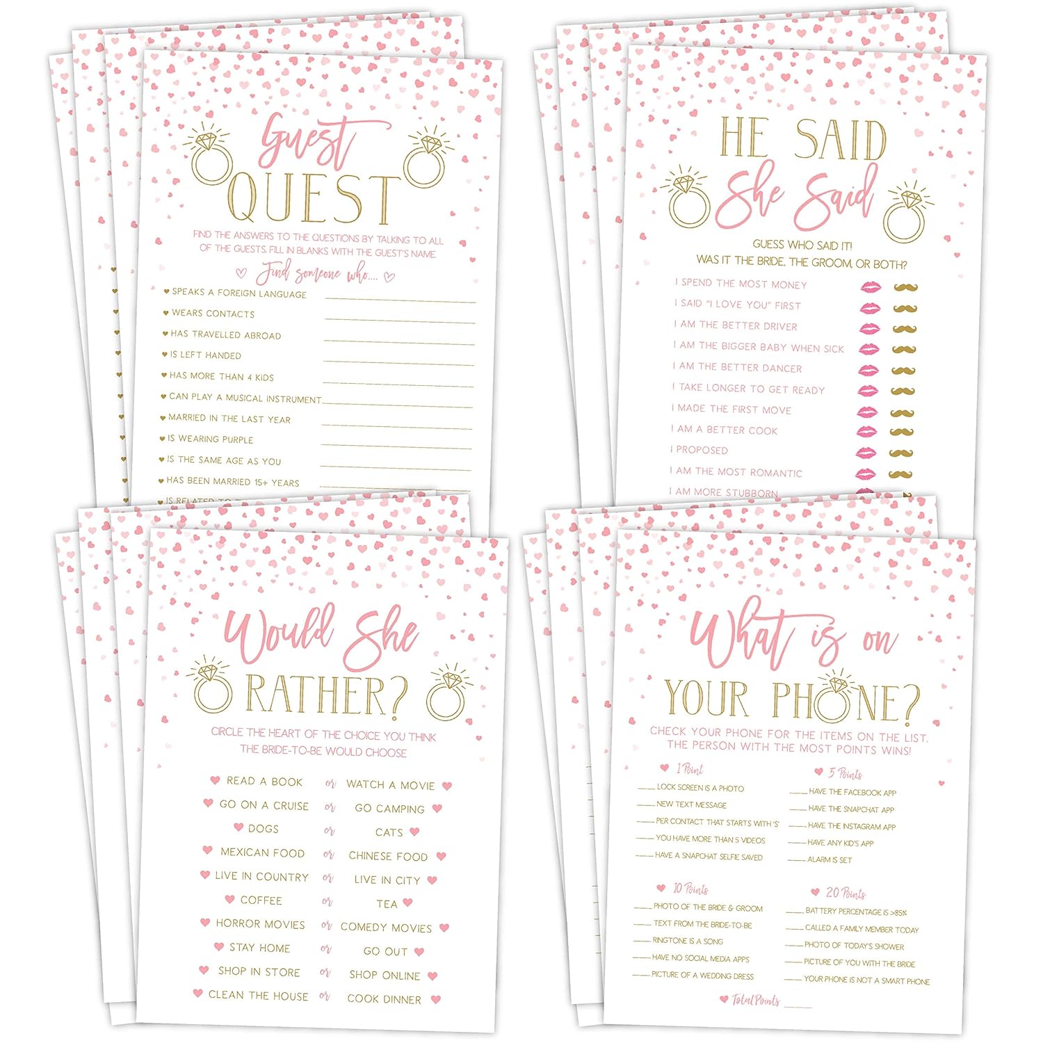 Bridal Shower 25 Bachelorette Games - Pink And Gold Hearts - He Said She Said, Find The Guest Quest, Would She Rather, What'S In Your Phone Game - Printed Front And Back