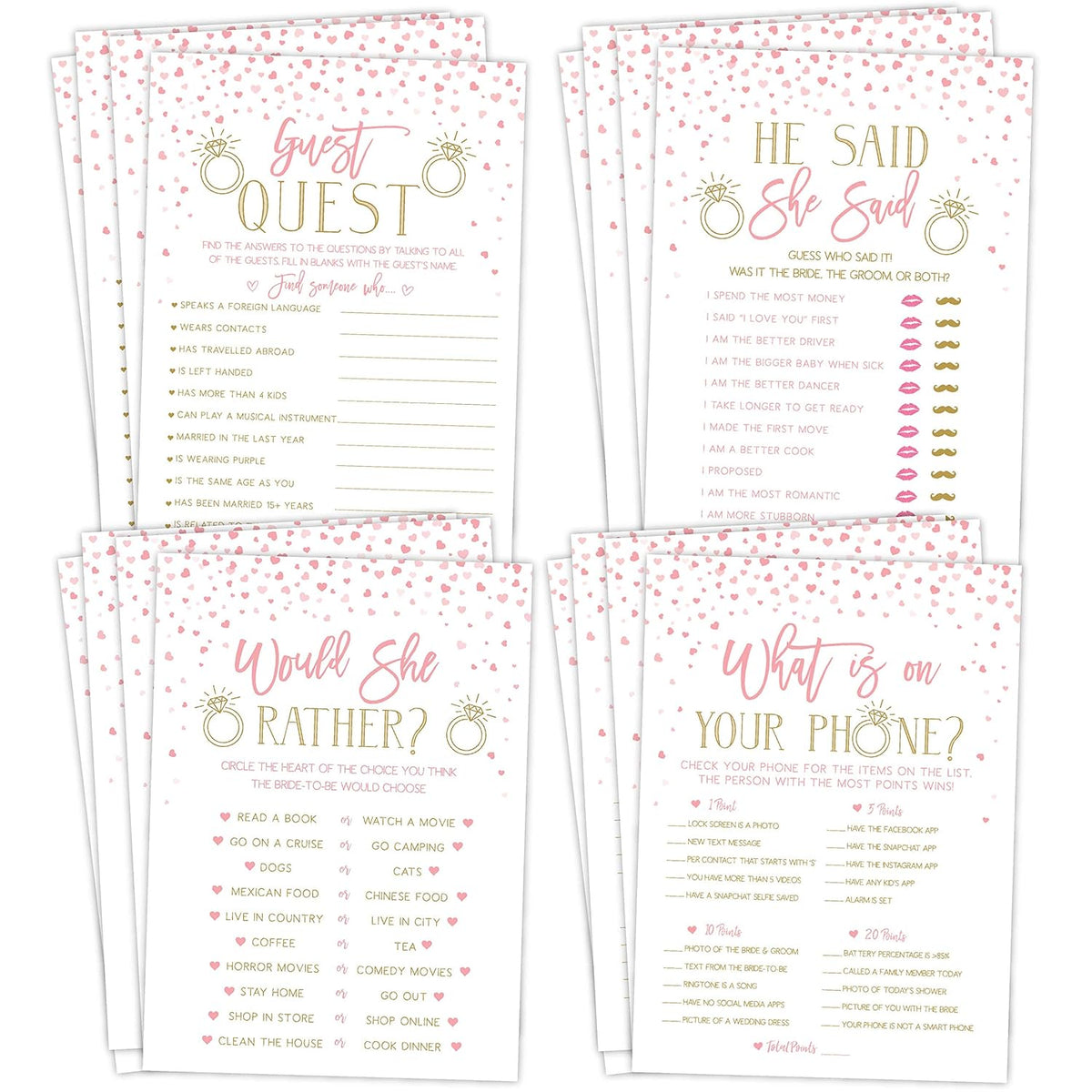 Bridal Shower 25 Bachelorette Games - Pink And Gold Hearts - He Said She Said, Find The Guest Quest, Would She Rather, What'S In Your Phone Game - Printed Front And Back
