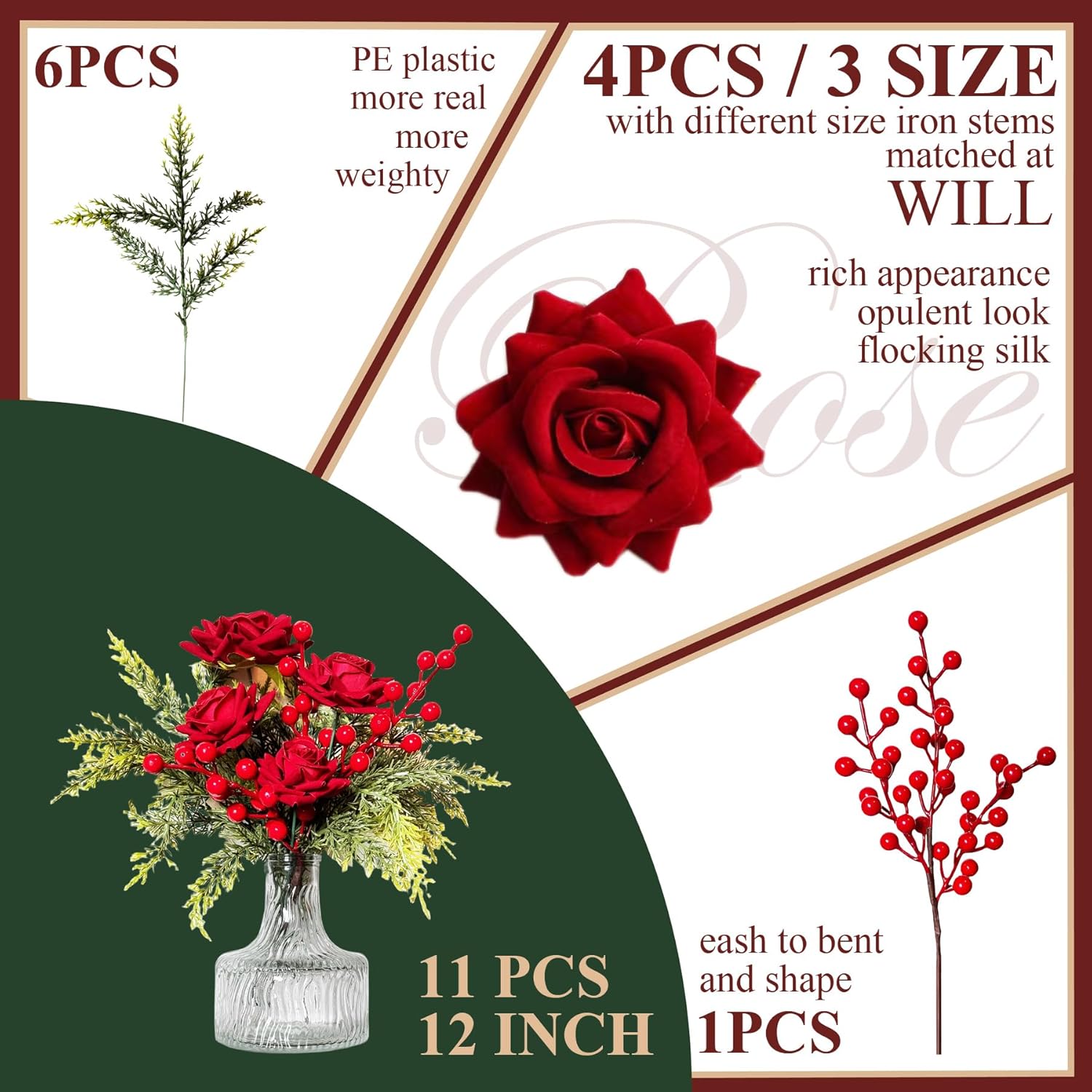 Artificial Flowers, Winter Flowers Artificial - Roses Bouquet With Berry And Pine Stems, 11 Pcs Faux Flowers & Plants For Indoor Decoration, Artificial Flowers Bouquet For Holiday, 12 Inch