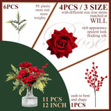 Artificial Flowers, Winter Flowers Artificial - Roses Bouquet With Berry And Pine Stems, 11 Pcs Faux Flowers & Plants For Indoor Decoration, Artificial Flowers Bouquet For Holiday, 12 Inch
