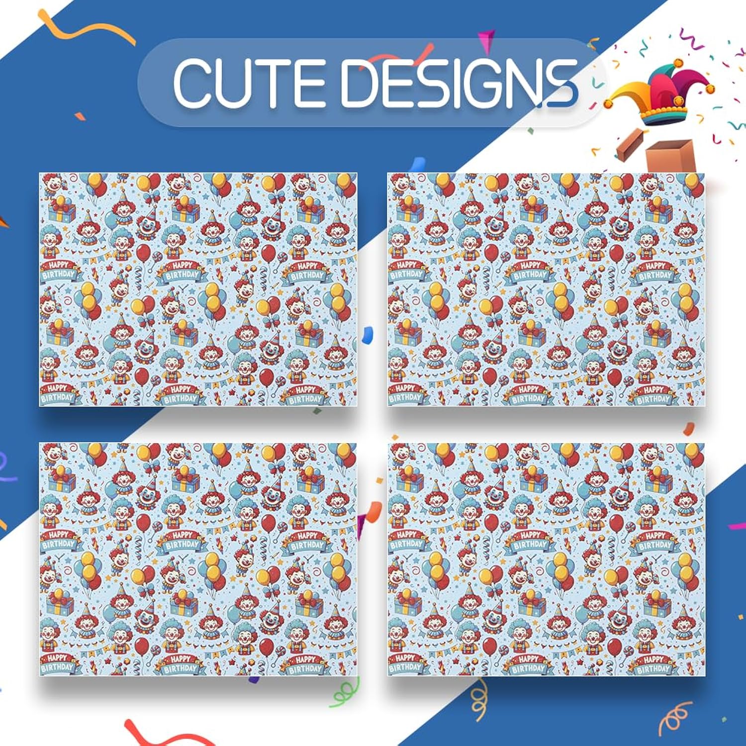 Joker Gift Wrapping Paper,4 Sheets Red Blue Clown Happy Birthday Wrapping Paper Balloon Lollipop Gift Box Gift Wrap Paper For Girl Boy Kid Birthday Baby Shower Wedding Christmas Party,20X28 Inch