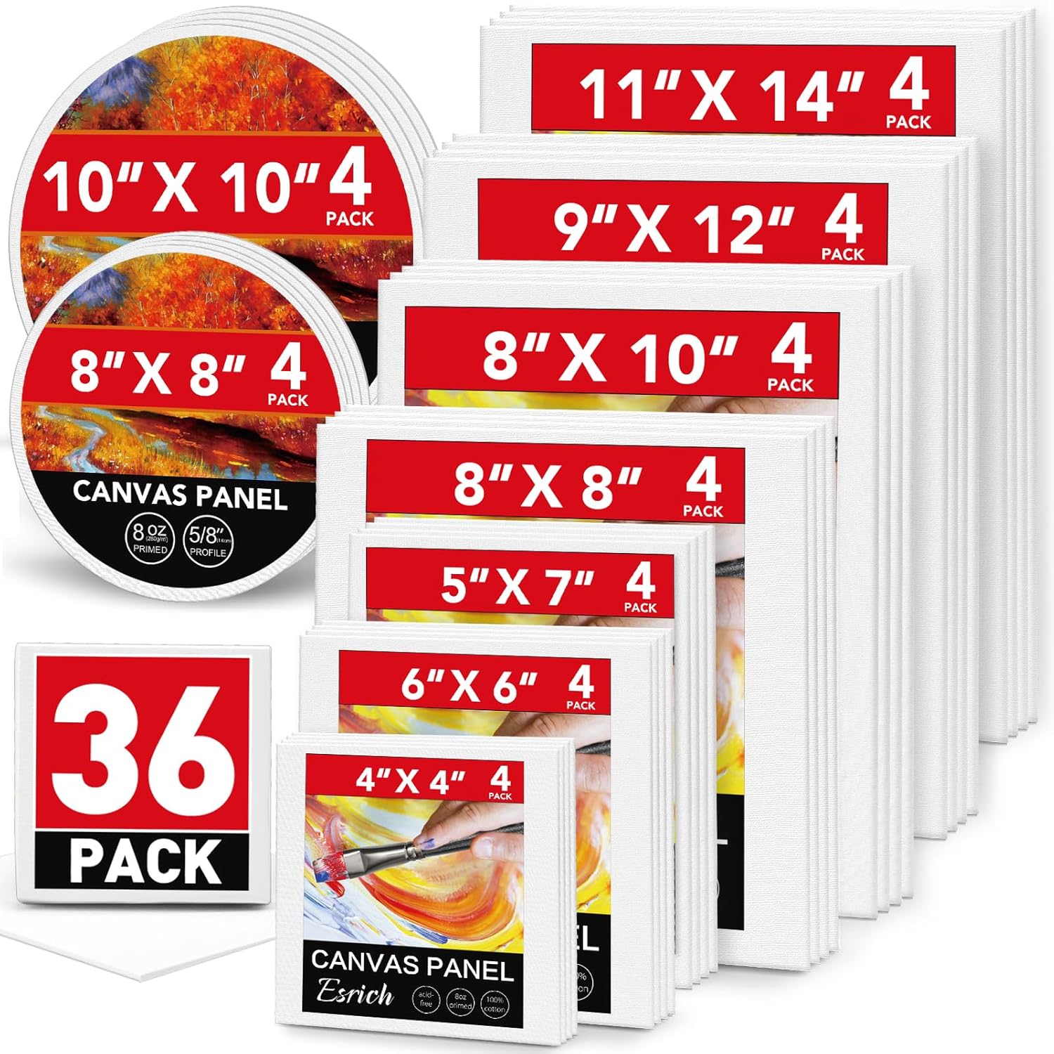Canvases For Painting, 36 Pack Canvas Boards 4X4, 6X6, 8X8, 5X7, 8X10, 9X12, 11X14, Round Canvas Panels With 8X8,10X10-Cotton Primed Blank Large Canvases For Acrylic, Oil, Gouache & Tempera.