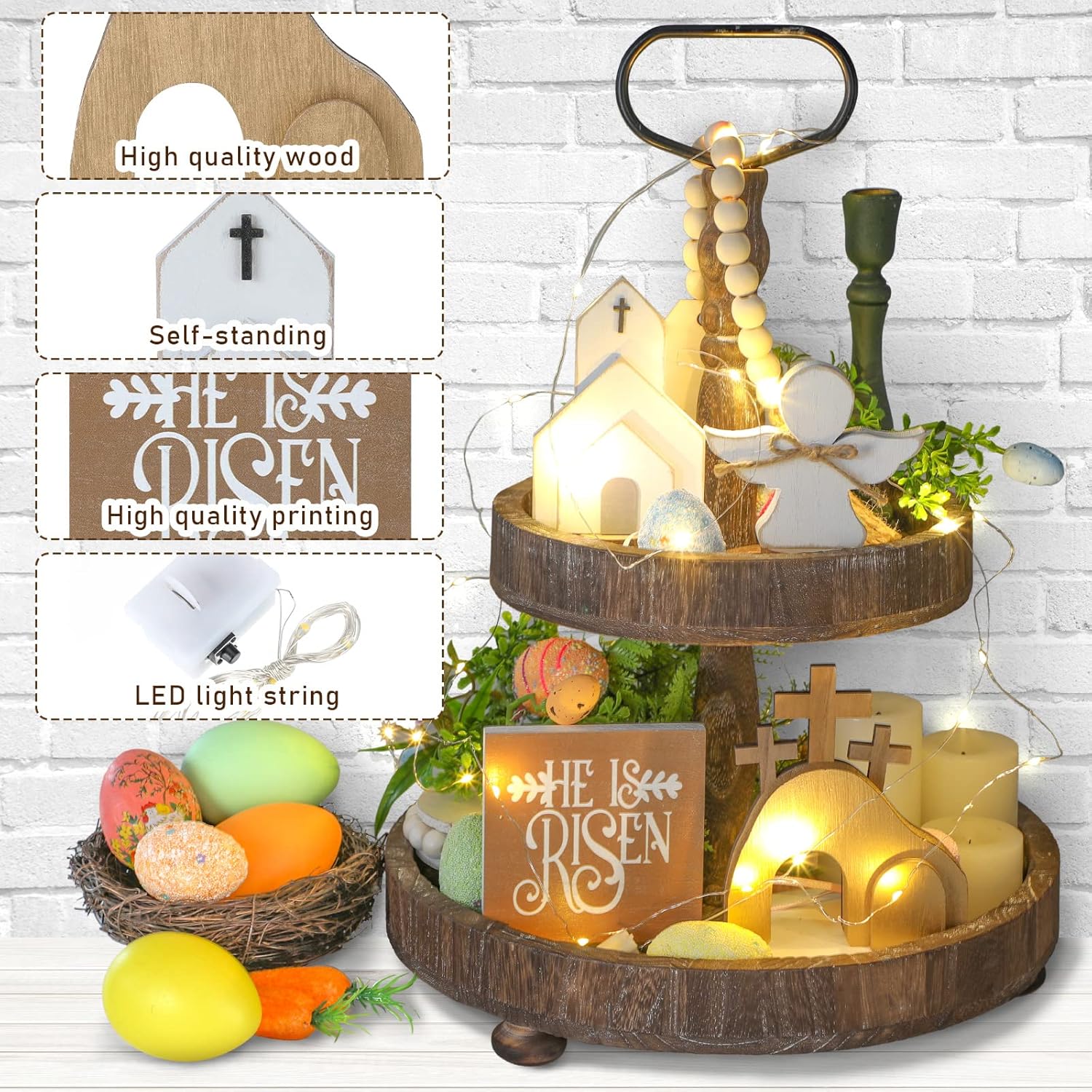 4 Pcs Easter Tiered Tray Decor He Is Risen Tiered Tray Decorations Wooden Easter Jesus Sign With Led Fairy Lights For Farmhouse Home Church Table