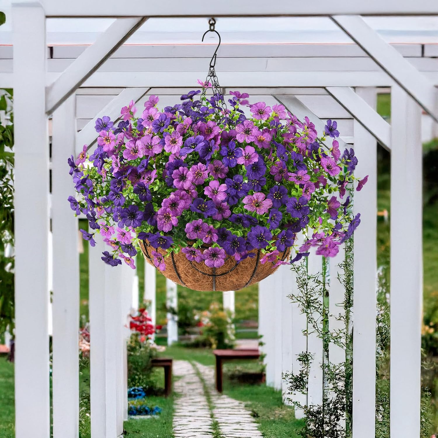 Artificial Faux Hanging Baskets Flowers Plants For Outdoor Spring Decoration, Fake Silk Daisy Outside Indoor Uv Resistant Look Real Yard Patio Front Porch Garden Balcony Home Decor(Double Purple)