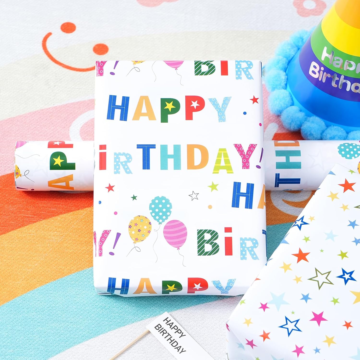 Reversible Birthday Wrapping Paper Roll For Boys Girls Kids - Mini Roll - 17 Inches X 33 Feet - Colorful Happy Birthday Lettering Balloon And Stars Design For Boy Girls Kids