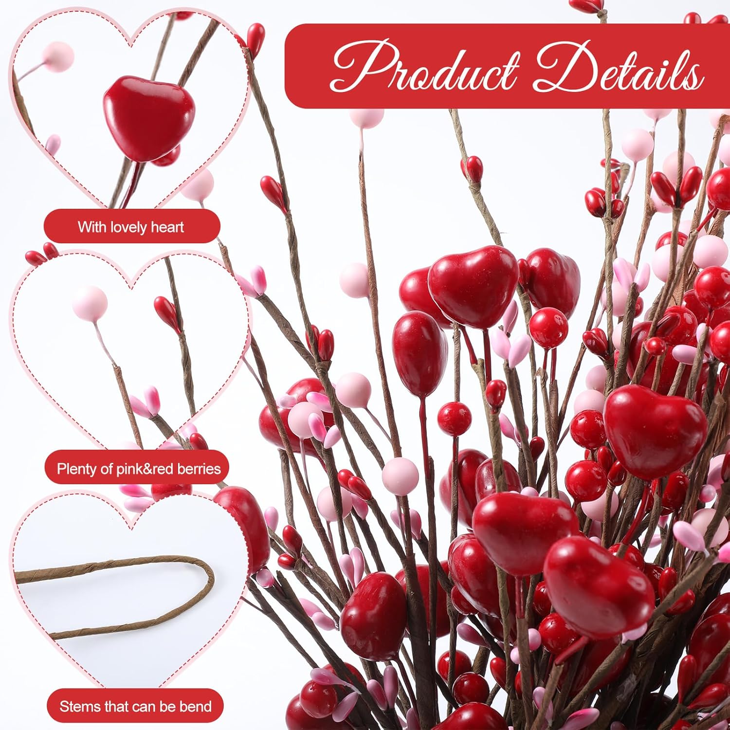 36 Pcs Valentine'S Day Decorations Valentine'S Day Berry Picks 17 Inch Artificial Red Heart Shaped Berry Picks With Red Pink Berries Floral Stems For Weddings Anniversaries Birthday Parties