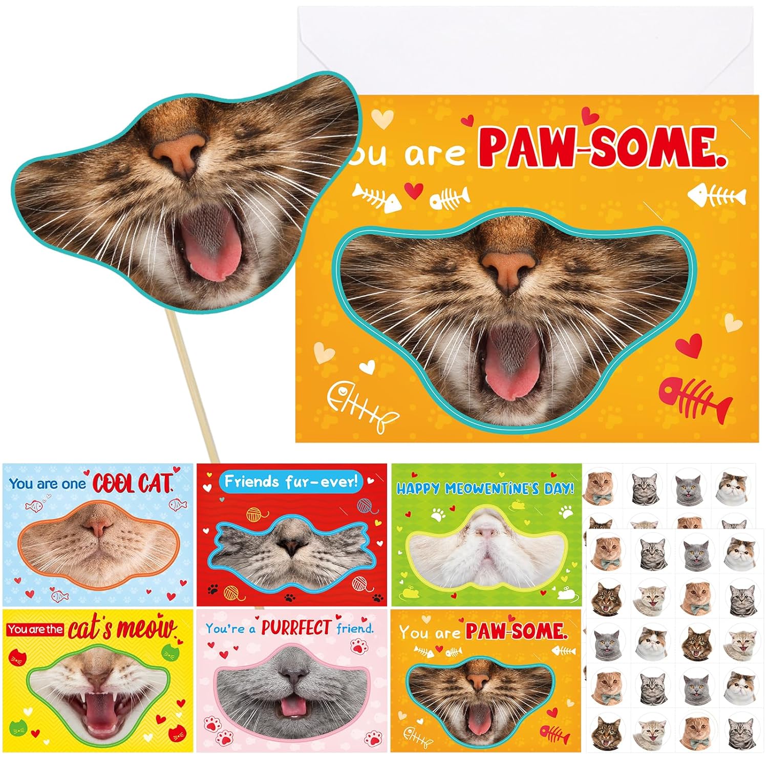 30Pcs Valentines Day Kitten Cards Kids Fun Valentines Cards With Envelopes And Stickers Photo Booth Props Party Favors Classroom Exchange Gifts