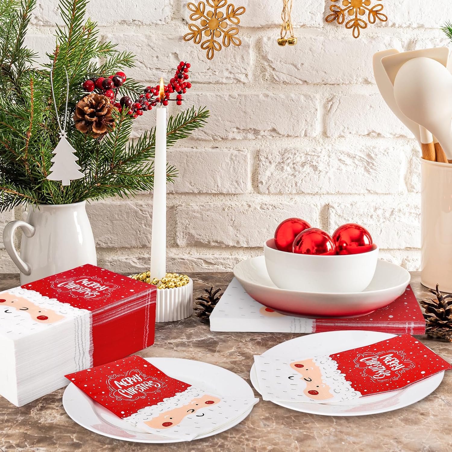 100 Pack Merry Christmas Guest Napkins Cute Santa Claus Disposable Paper Napkins Red White Decorative Bathroom Hand Napkin Towel For Xmas Party Supplies, 13 X 15.7 Inch