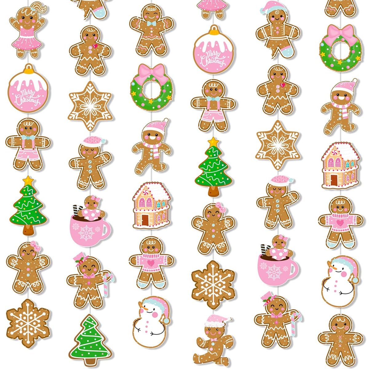 Gingerbread Theme Garlands Pink Christmas Decorations Girls 8Pcs Gingerbread House Xmas Tree Paper Garland Banners Christmas Party Supplies For Winter Holiday Birthday Wall Door Ceiling Decor