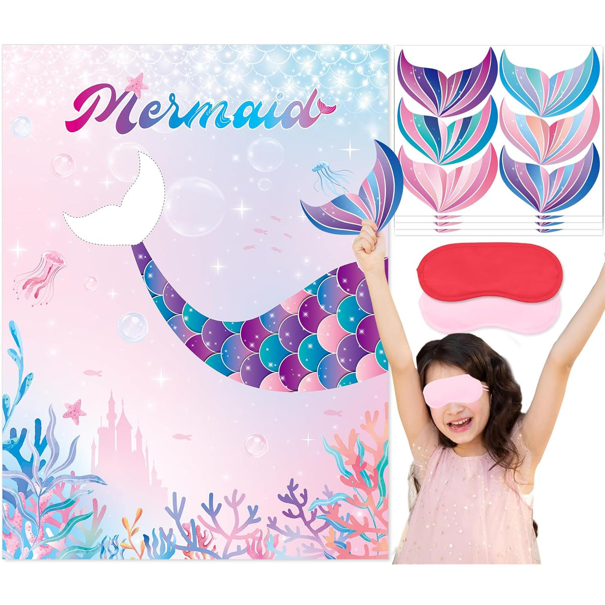 Pin The Tail On The Mermaid Party Game, Mermaid Theme Party Decorations With Poster Blindfolds And Tail Stickers, Ocean Theme Party Supplies