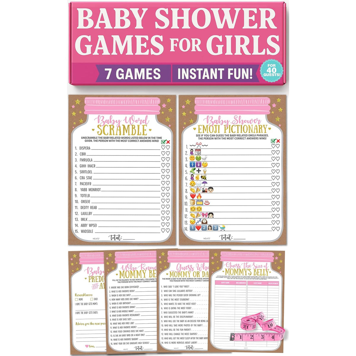 Baby Shower Games For Girl - 7 Games Instant Fun - Baby Prediction Cards, Guess Who Mommy Or Daddy, Word Scramble, Advice Cards, Pictionary, How Big Is Mommys Belly, Mason Jar Design