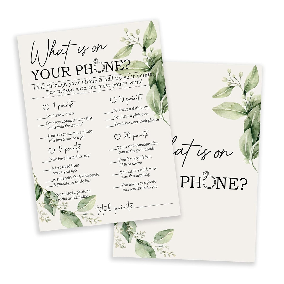 Greenery Bridal Shower Games Cards, What Is On Your Phone Game Card Reception For Wedding Showers Engagement Party Bachelorette Party, Bridal Party Games For Decorations Favors Supplies, Set Of 25-04