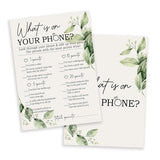 Greenery Bridal Shower Games Cards, What Is On Your Phone Game Card Reception For Wedding Showers Engagement Party Bachelorette Party, Bridal Party Games For Decorations Favors Supplies, Set Of 25-04