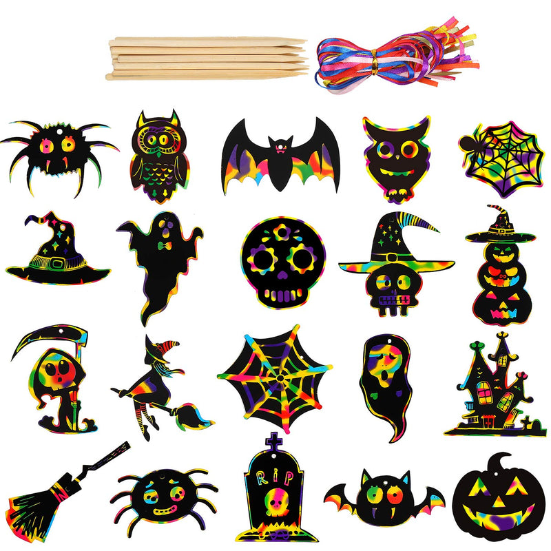 Halloween Scratch Paper, 80 Pcs 20 Design Magic Rainbow Scratch Off Art Cards