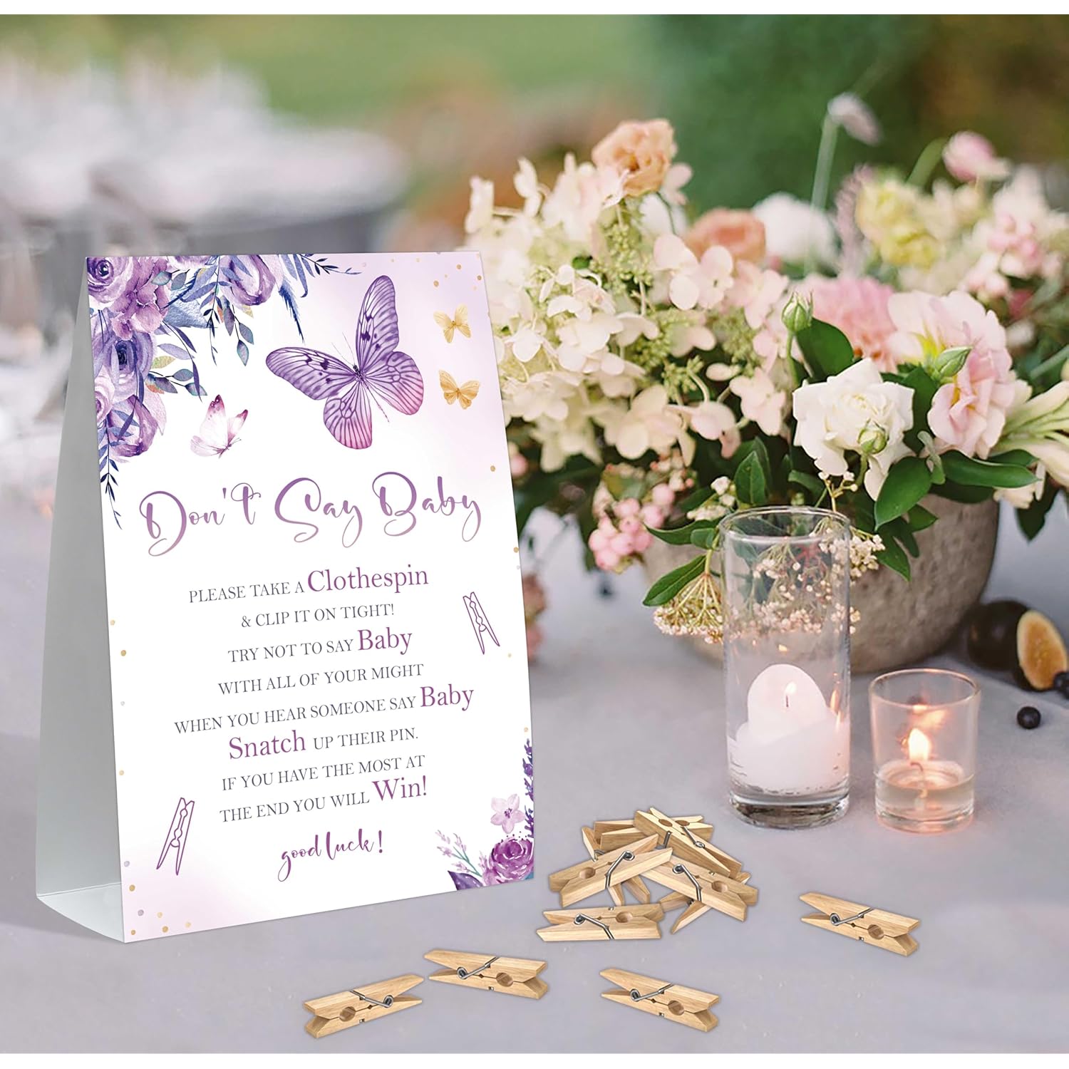Dont Say Baby Baby Shower Game, Purple Butterfly Baby Shower Sign And 50 Clothespins, Gender Reveal Games, Baby Shower Centerpieces, Baby Shower Gifts For Gender Reveal Party, Baby Shower,1