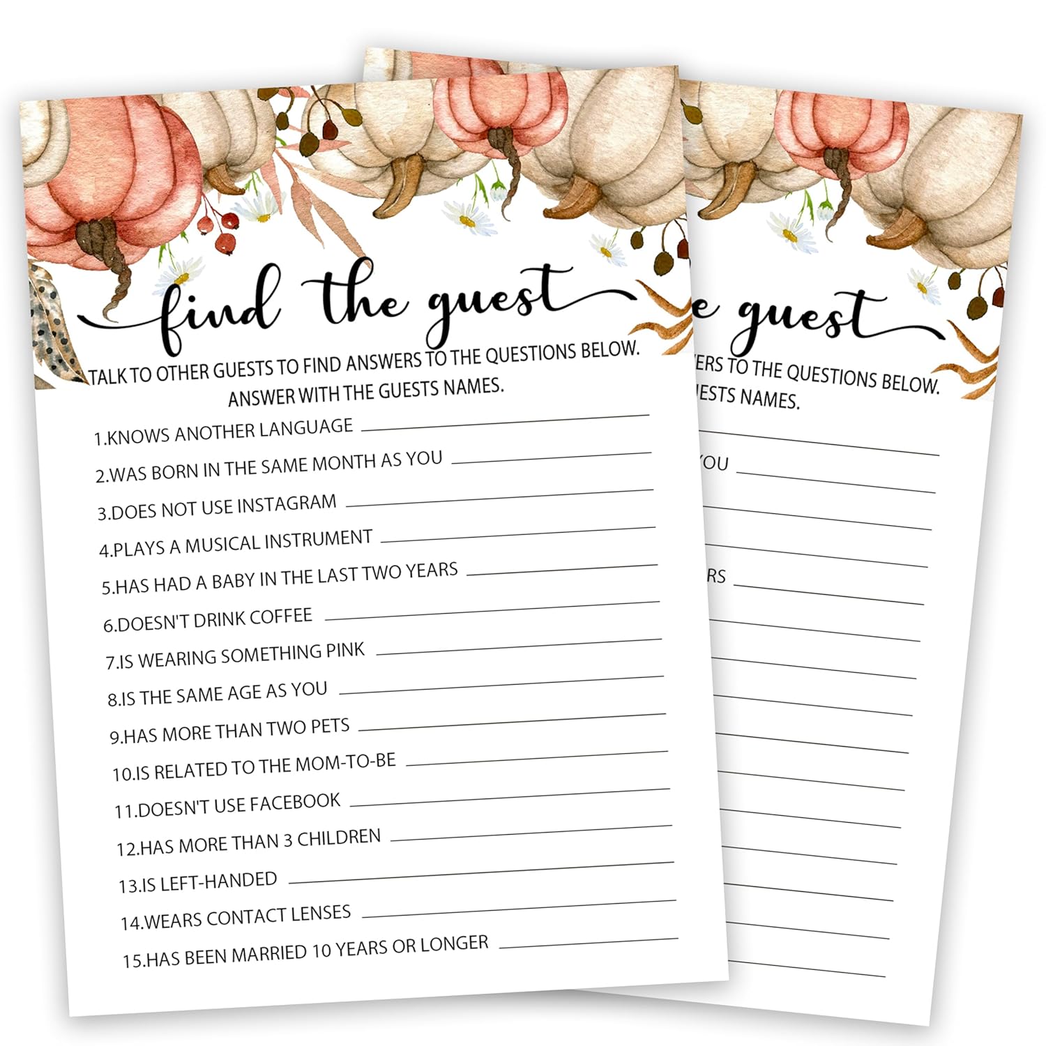 Baby Shower Game Cards, Fall Find The Guest Game Kit, Gender Reveal Party Supplies Favors, Pumpkins Baby Shower Activity Decorations, Baby Shower Gifts, 25 Game Cards Included -02