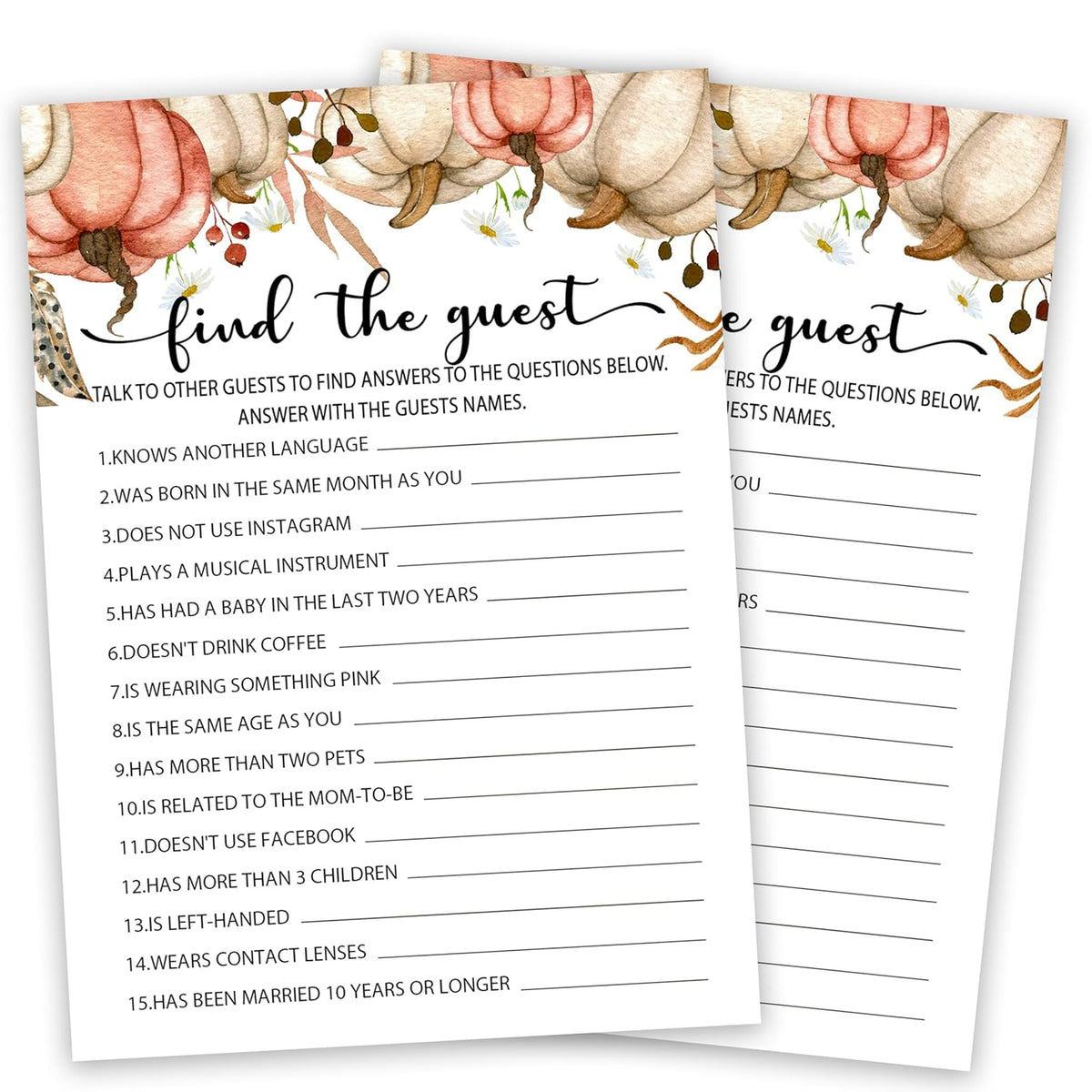 Baby Shower Game Cards, Fall Find The Guest Game Kit, Gender Reveal Party Supplies Favors, Pumpkins Baby Shower Activity Decorations, Baby Shower Gifts, 25 Game Cards Included -02