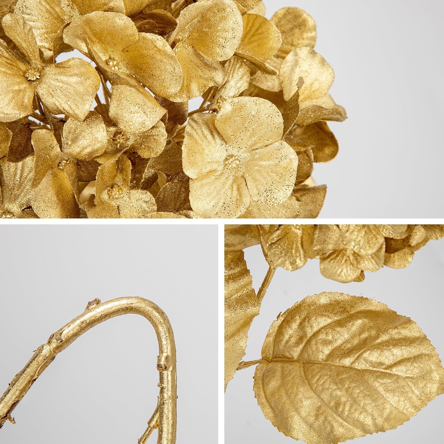 3Pcs Christmas Flowers Gold Artificial Hydrangea Flowers 26.8Inch Fake Hydrangea Flower Floral Arrangements Bouquets Xmas Faux Hydrangea Stems Wedding Party Centerpieces Christmas Home Decor