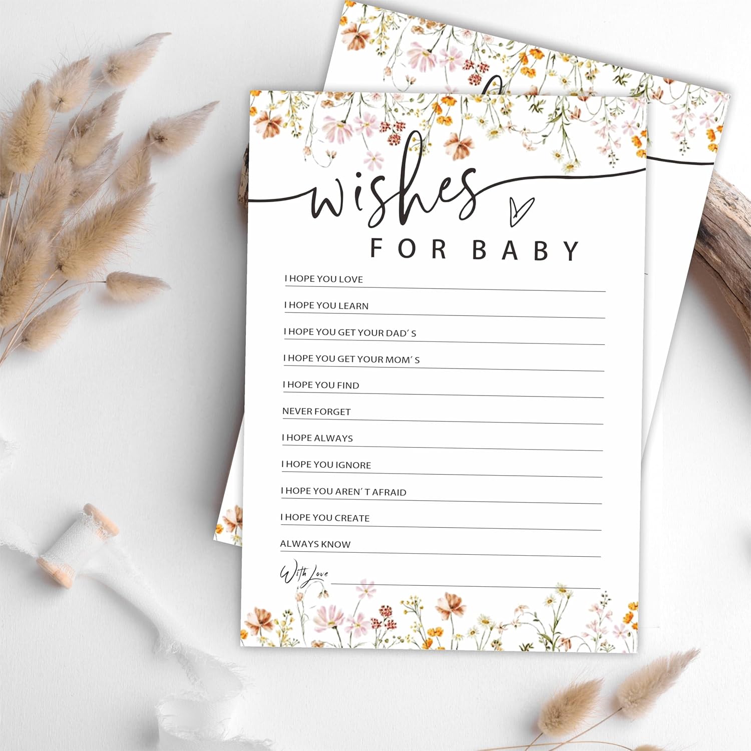 Floral, Wild Flower Baby Shower Game Card - 30 Fill In Game Cards For Baby Shower, Funny Gender Reveal Party Favor, Activity & Supplies - Wishes For Baby Game Kit For Baby Shower - C02