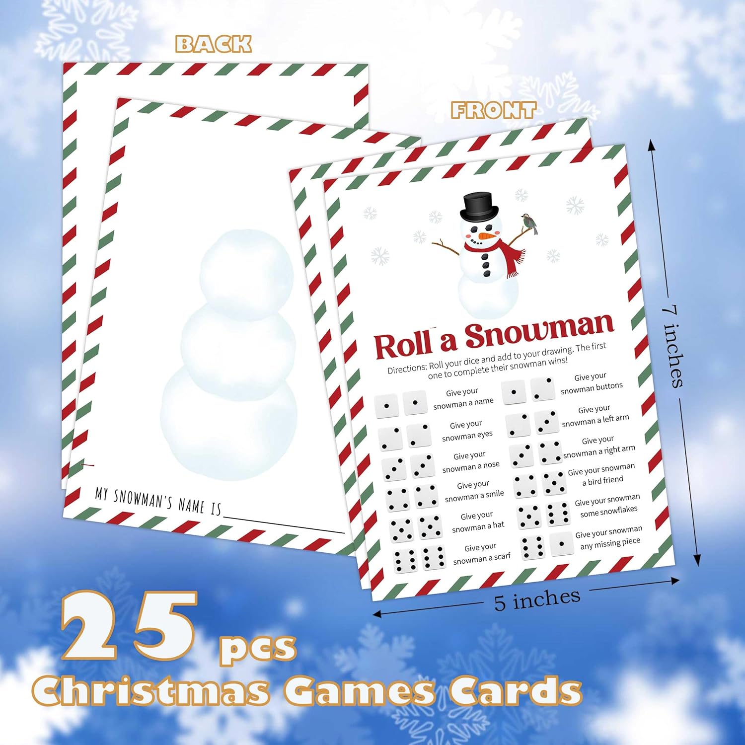Roll A Snowman Dice Game, Christmas Candy And Family Party Games, Ice Breaker Winter Activity For Teens, 25 Game Cards, 2