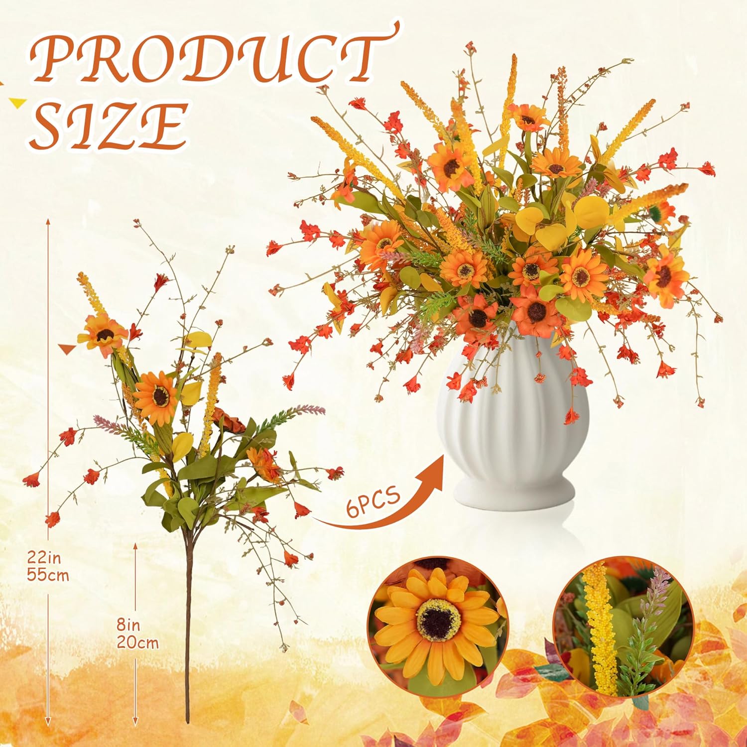 Fall Flowers Artificial For Decoration?6-Pack Fake Wildflowers With Faux Sunflowers Eucalyptus Stems Lavender Fall Floral Arrangement For Vase Tables Indoor Kitchen Wedding Party Decor (Autumn)