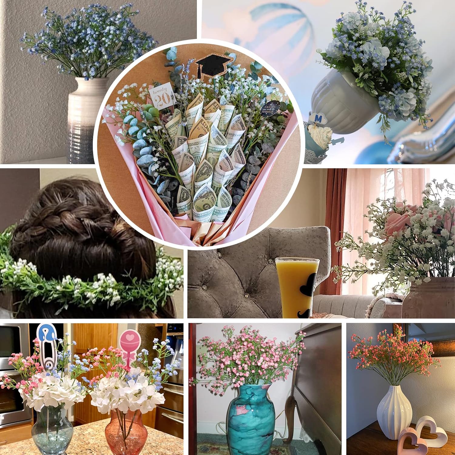 Artificial Baby Breath Flowers Fake Gypsophila Bouquets 12 Pcs Plastic Fake Real Touch Flowers For Wedding Decor Diy Home Party?Blue?