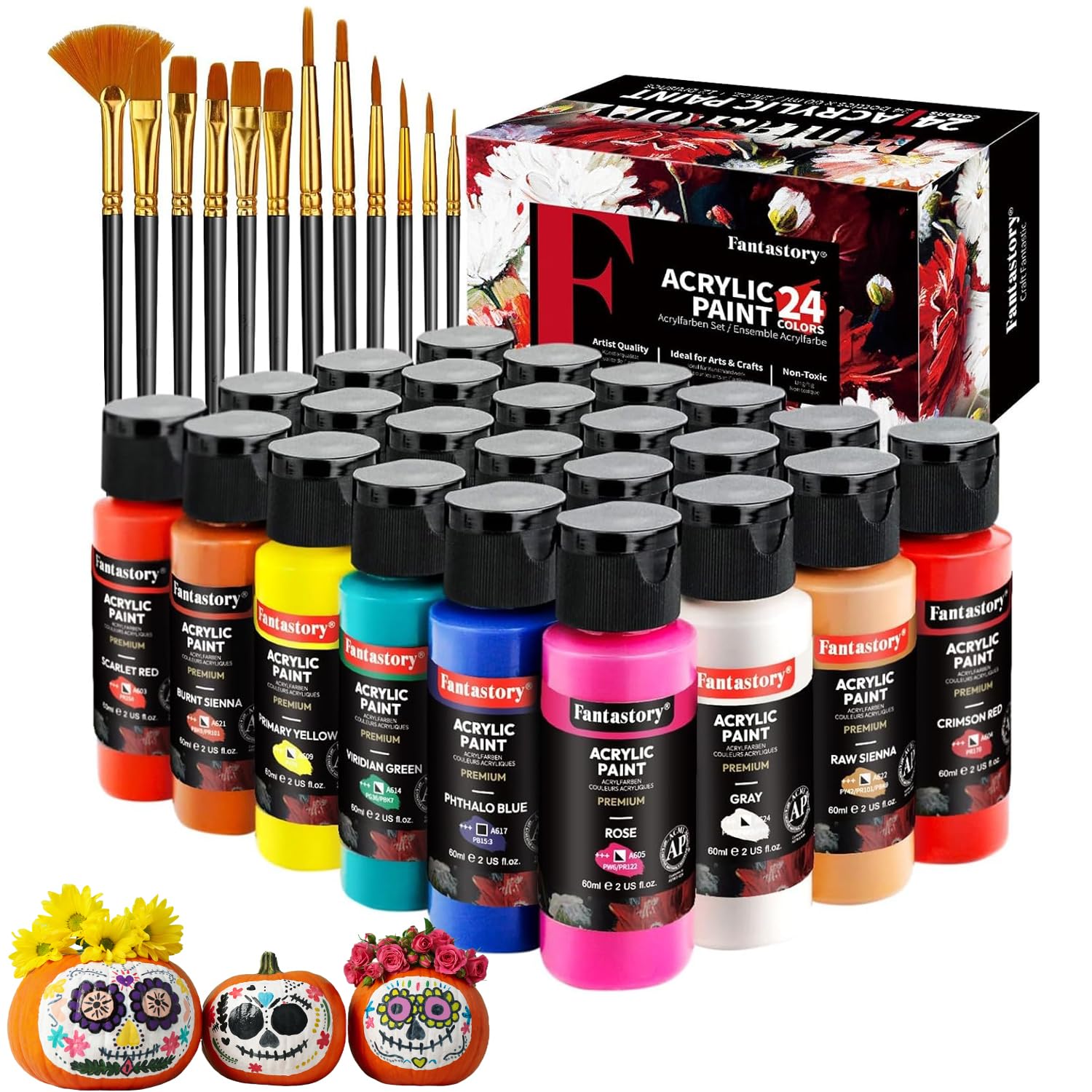 Acrylic Paint Set 24 Classic Colors(2Oz /60Ml) With 12 Brushes, Professional Craft Thick Paints Kits For Adults, Canvas Wood Fabric Ceramic Rock Painting Supplies [Professional Series]