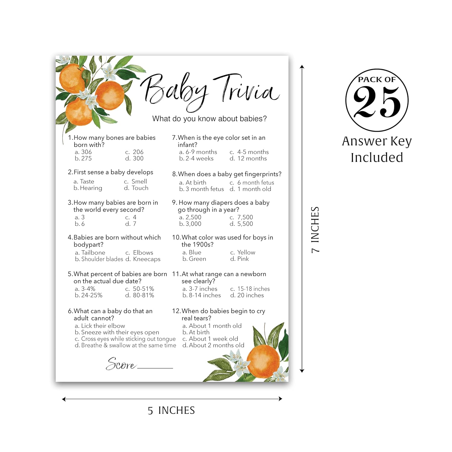 A Sweet Little Cutie Theme Baby Shower Games — Baby Trivia Game — Pack Of 25 — Citrus Orange, Fun Facts Shower Activity, Gender Neutral Couples Shower Co-Ed Shower Games G350-Trv