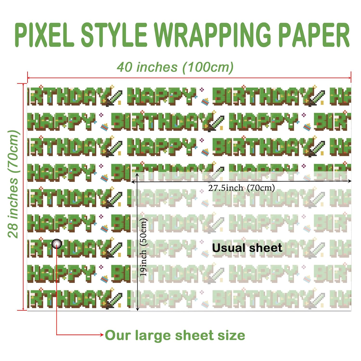 Pixel Style Birthday Wrapping Paper - 4 Jumbo Sheets, 28 * 40 Inches - Retro Video Gaming Gift Wrap, Perfect For Birthday Christmas