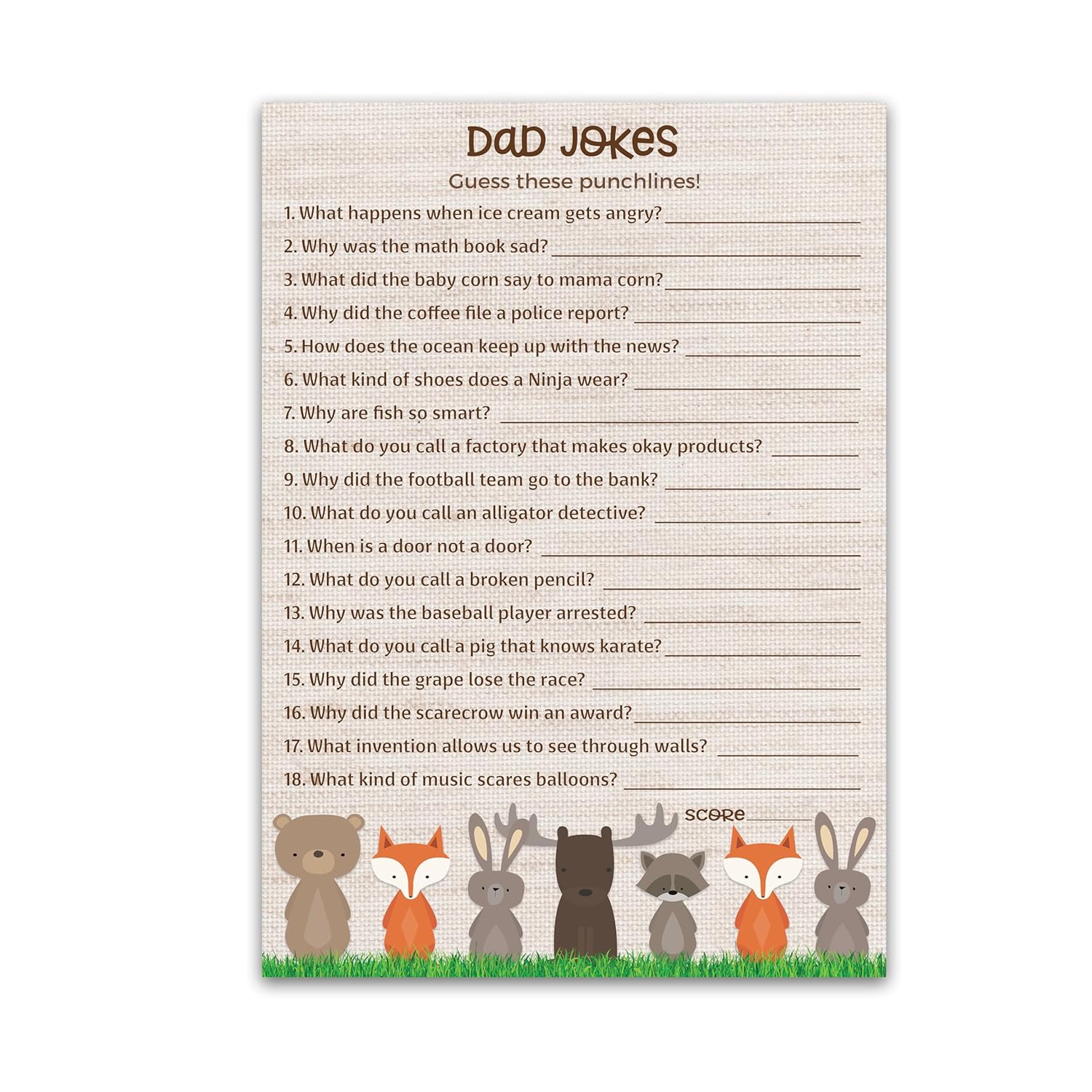 Dad Jokes Baby Shower Games, Woodland Animals, Jungle Theme Baby Shower — Pack Of 25 — Fun Dad Joke Game, Funny Daddy Joke Trivia, Welcome To The Wild Shower, Gender Neutral Birthday Activity G601-Djk