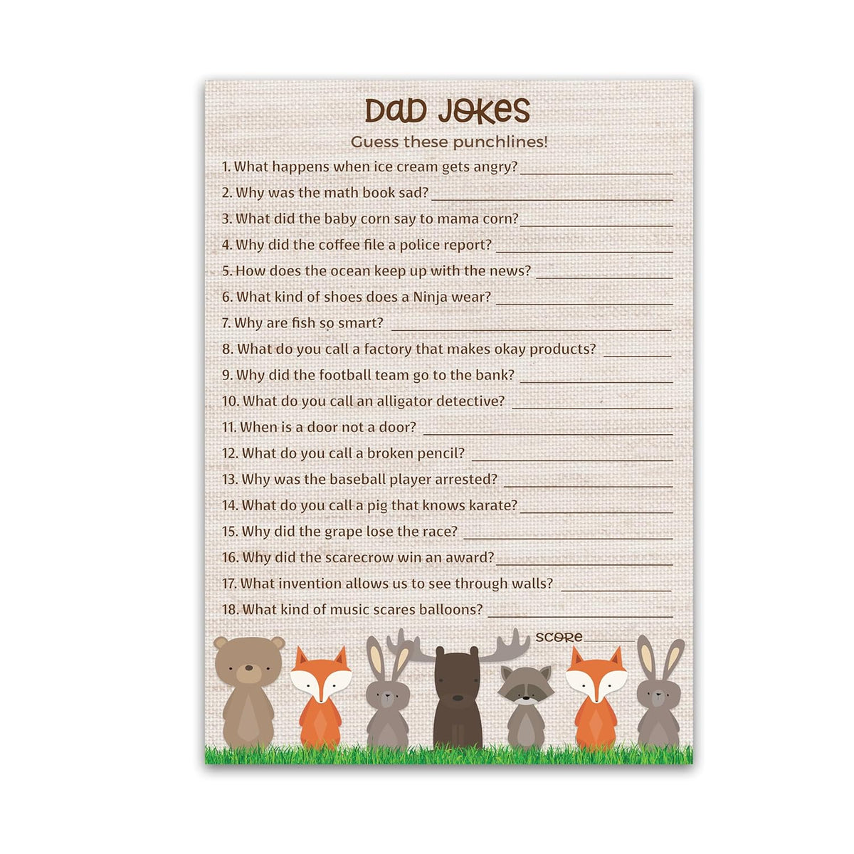 Dad Jokes Baby Shower Games, Woodland Animals, Jungle Theme Baby Shower — Pack Of 25 — Fun Dad Joke Game, Funny Daddy Joke Trivia, Welcome To The Wild Shower, Gender Neutral Birthday Activity G601-Djk